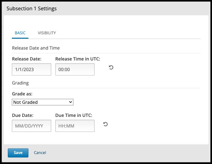 Subsection Settings Basics tab with the Release Date and Grade As fields