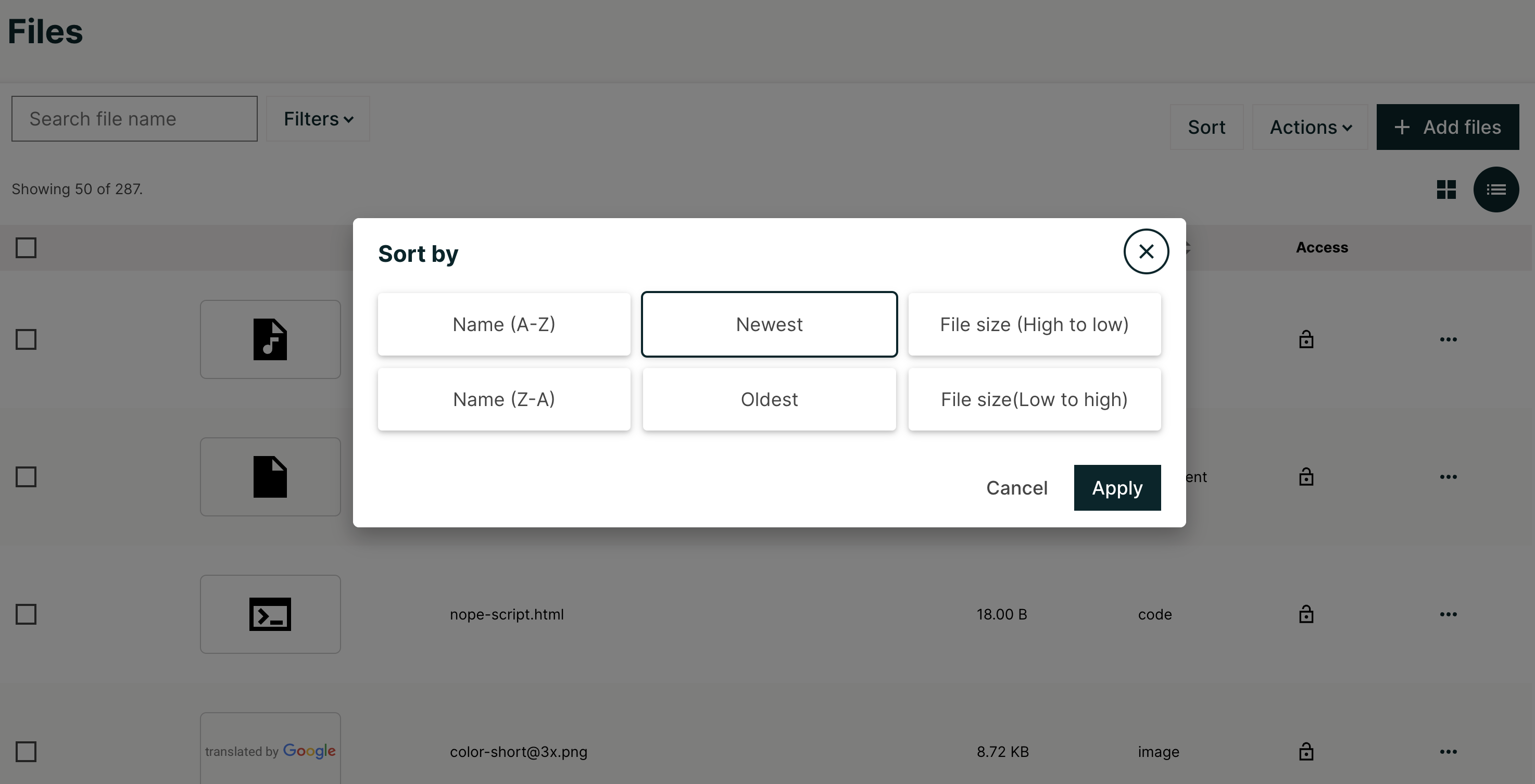 an image of the Sort options, which include Name (A-Z), Name (Z-A), Newest, Oldest, File size (High to low) and File size (Low to High). Selecting Apply will sort the files accordingly.