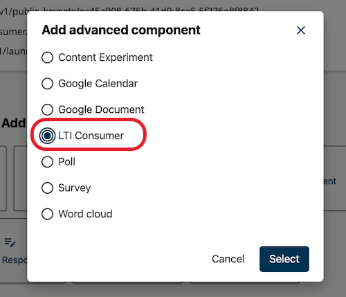 'Add advanced component' dialog box displaying the LTI component as selected