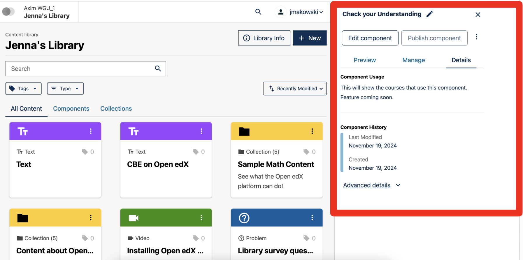 The Library Homepage with a right sidebar showing detail about one content unit, such as the courses that show the component and the component edit history.