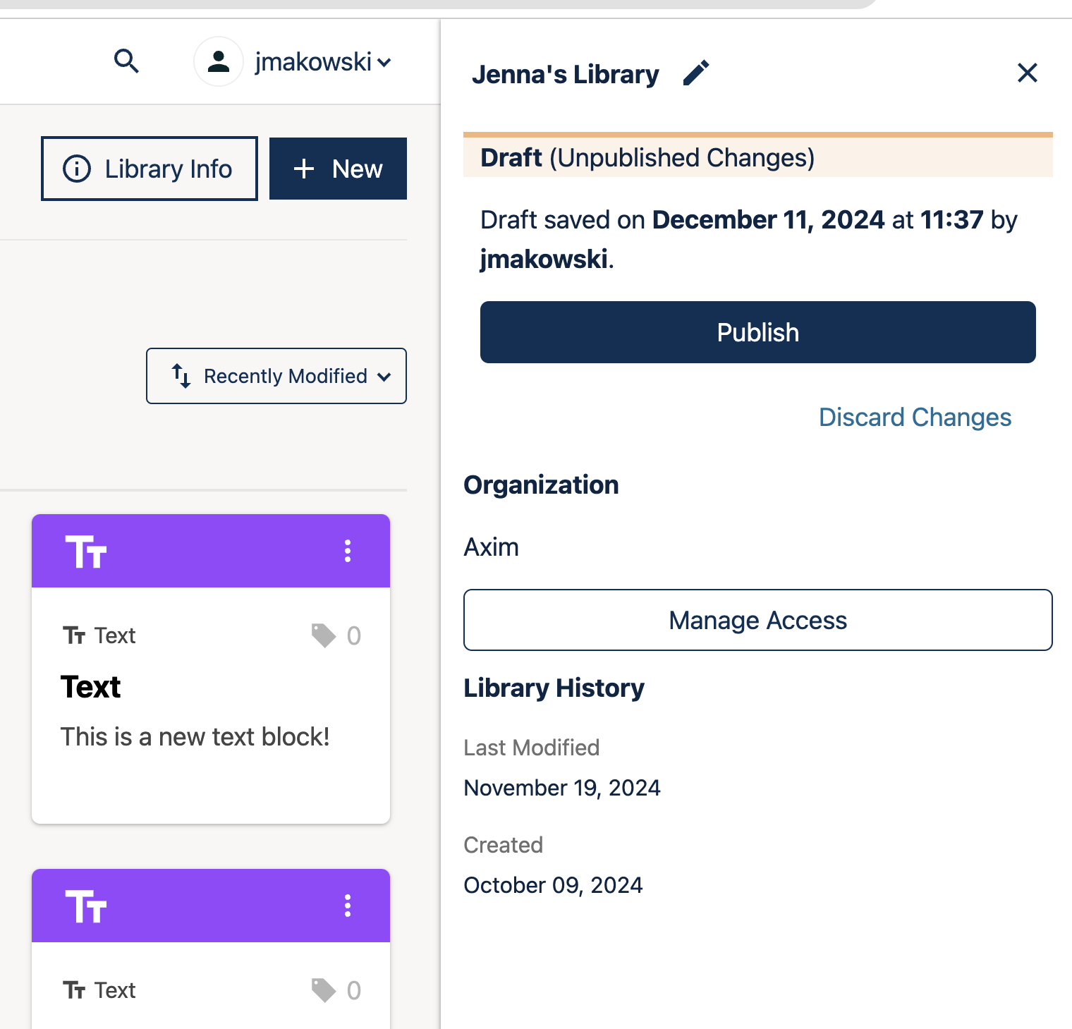 A screenshot of the Library right hand sidebar, with a Publish button on the top underneath save information for the most recent draft.
